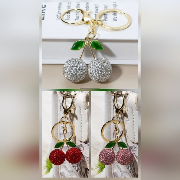 Red,White,Pink Cherry Keychain/charm with Gold And Plant Accents(You Choose 1) - Picture 4 of 6